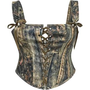 imageCharmian Womens Y2K Camo LaceUp Bustier Corset Top with Adjustable StrapsGreen