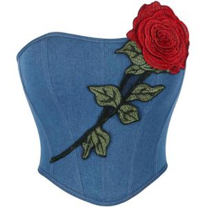 imageCharmian Womens Y2K Vintage Strapless Denim Corset Top with Rose EmbroideryBlue