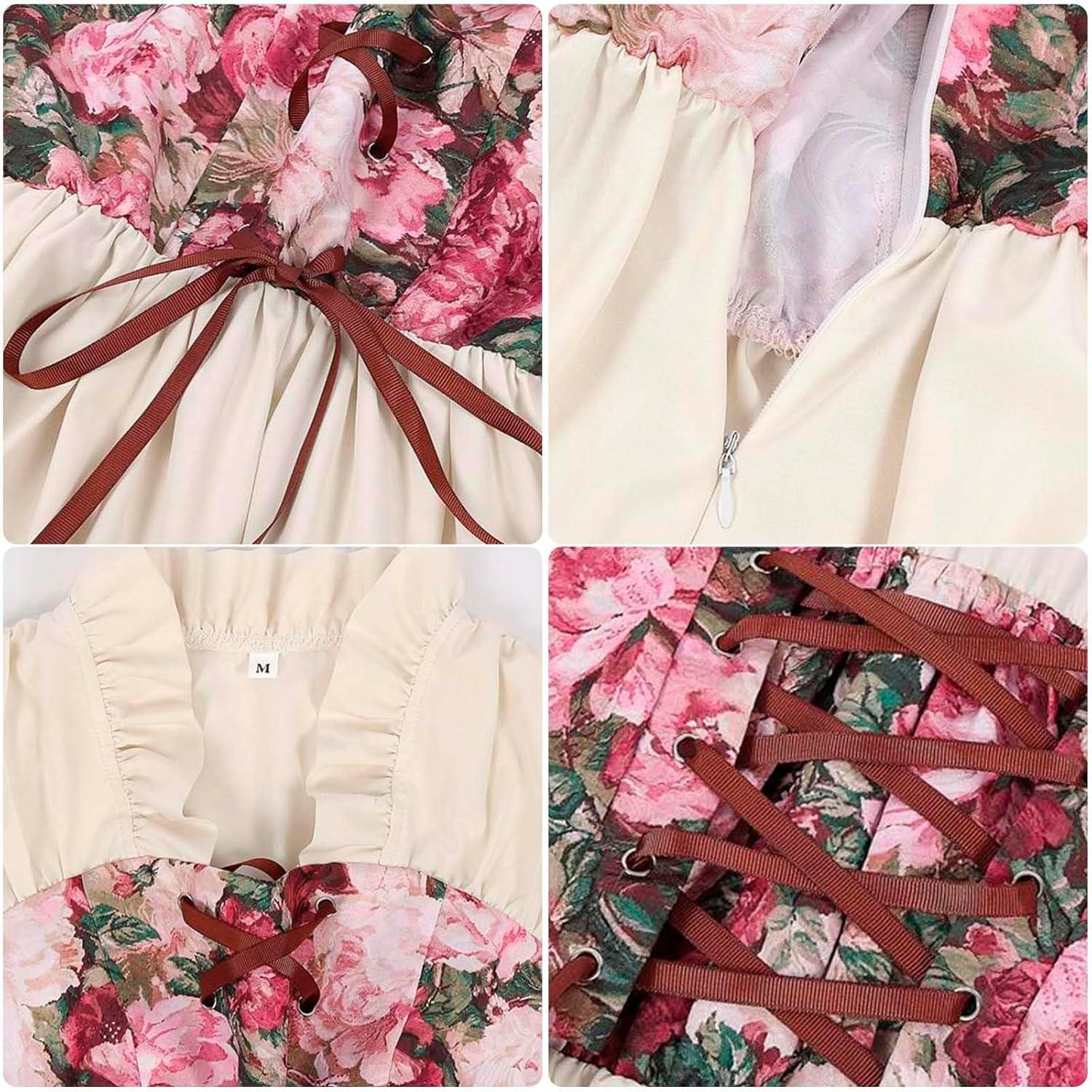 imageCharmian Womens Vintage Renaissance Cotton Floral Corset Dress with SleevesBeige