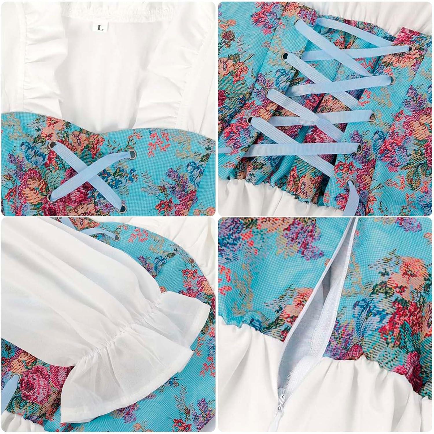 imageCharmian Womens Vintage Renaissance Cotton Floral Corset Dress with SleevesWhiteBlue