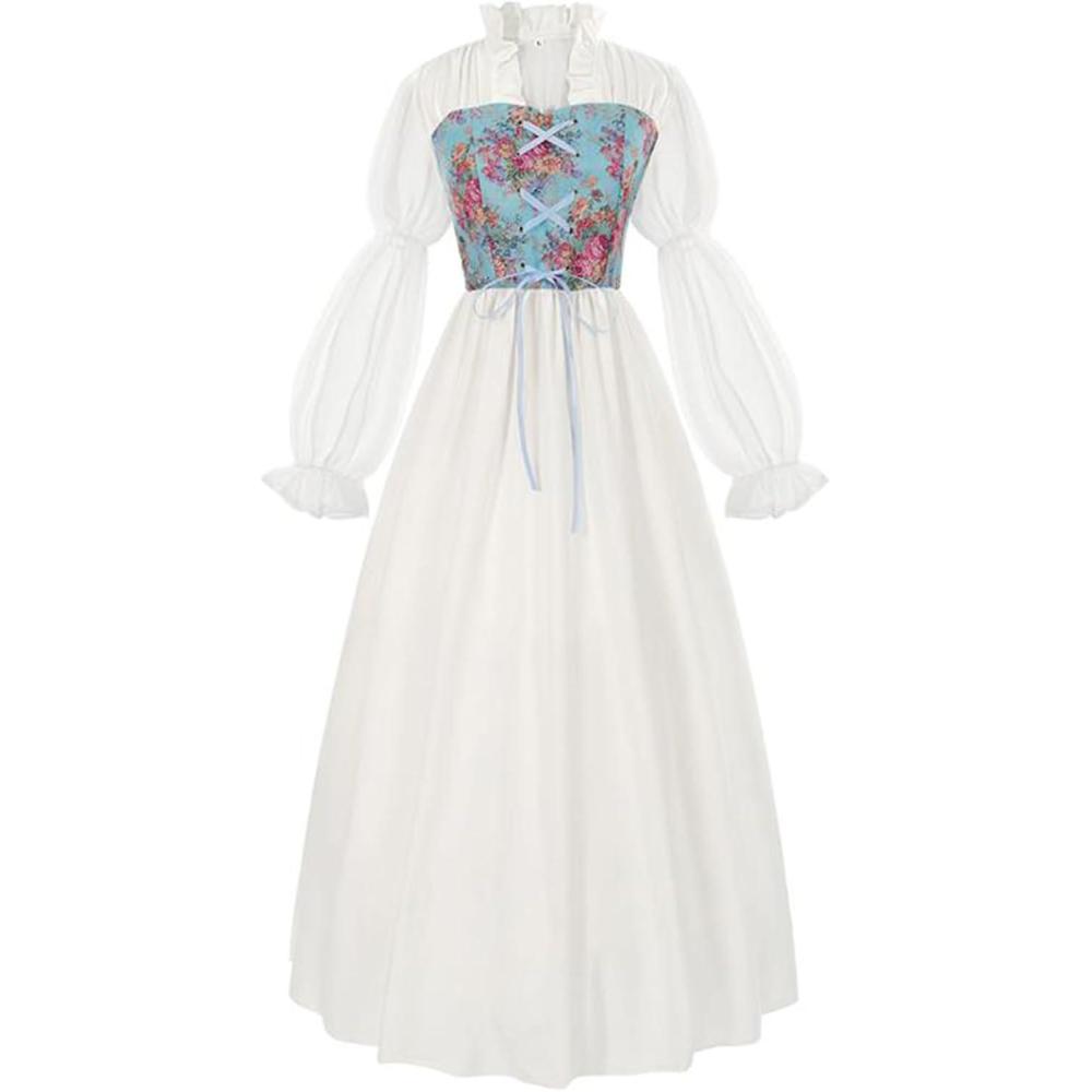 imageCharmian Womens Vintage Renaissance Cotton Floral Corset Dress with SleevesWhiteBlue