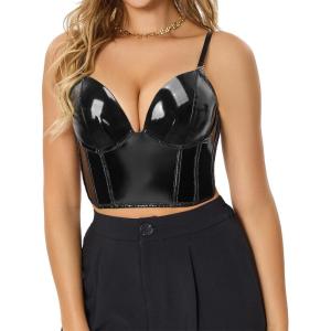 imageCharmian Womens Punk Gothic PU Leather Push Up Corset Bra Bustier Crop TopBlacksleek