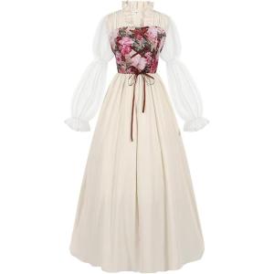 imageCharmian Womens Vintage Renaissance Cotton Floral Corset Dress with SleevesBeige