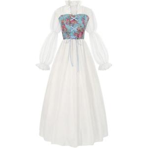 imageCharmian Womens Vintage Renaissance Cotton Floral Corset Dress with SleevesWhiteBlue