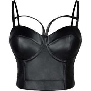 imageCharmian Womens Spaghetti Straps PU Leather Bustier Crop TopMatt Black
