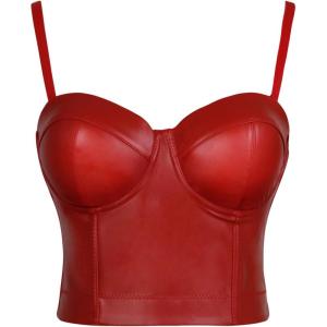 imageCharmian Womens Spaghetti Straps PU Leather Bustier Crop TopRed