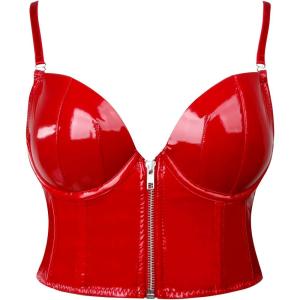 imageCharmian Womens Spaghetti Straps PU Leather Bustier Crop TopRedzipperupgrade