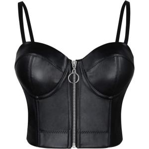 imageCharmian Womens Spaghetti Straps PU Leather Bustier Crop TopZipper Black