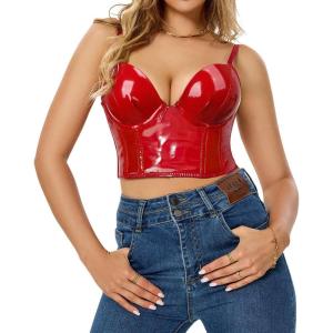 imageCharmian Womens Punk Gothic PU Leather Push Up Corset Bra Bustier Crop TopRedsleek