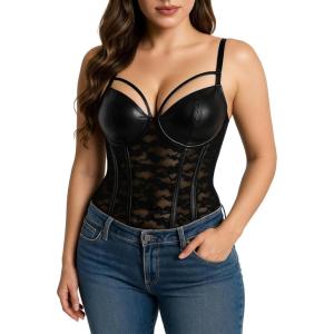 imageCharmian Womens Steampunk Gothic Lace Corset Bustier Faux Leather Bra LingerieBlack