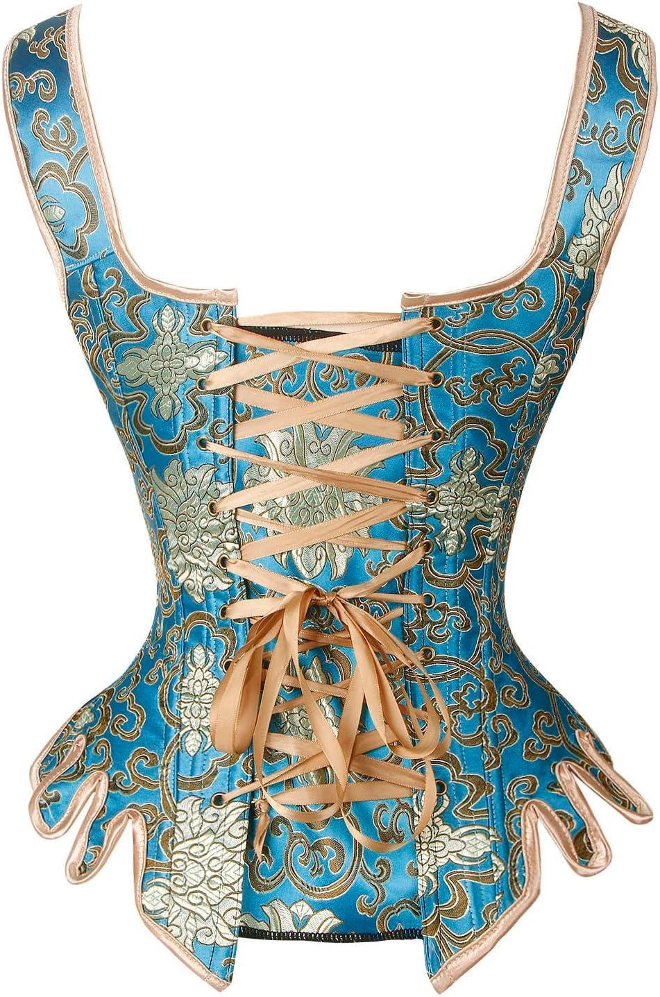image:imageCharmian Womens Victorian Vintage Brocade Lace Up Bustier Overbust Corset TopBlueGold