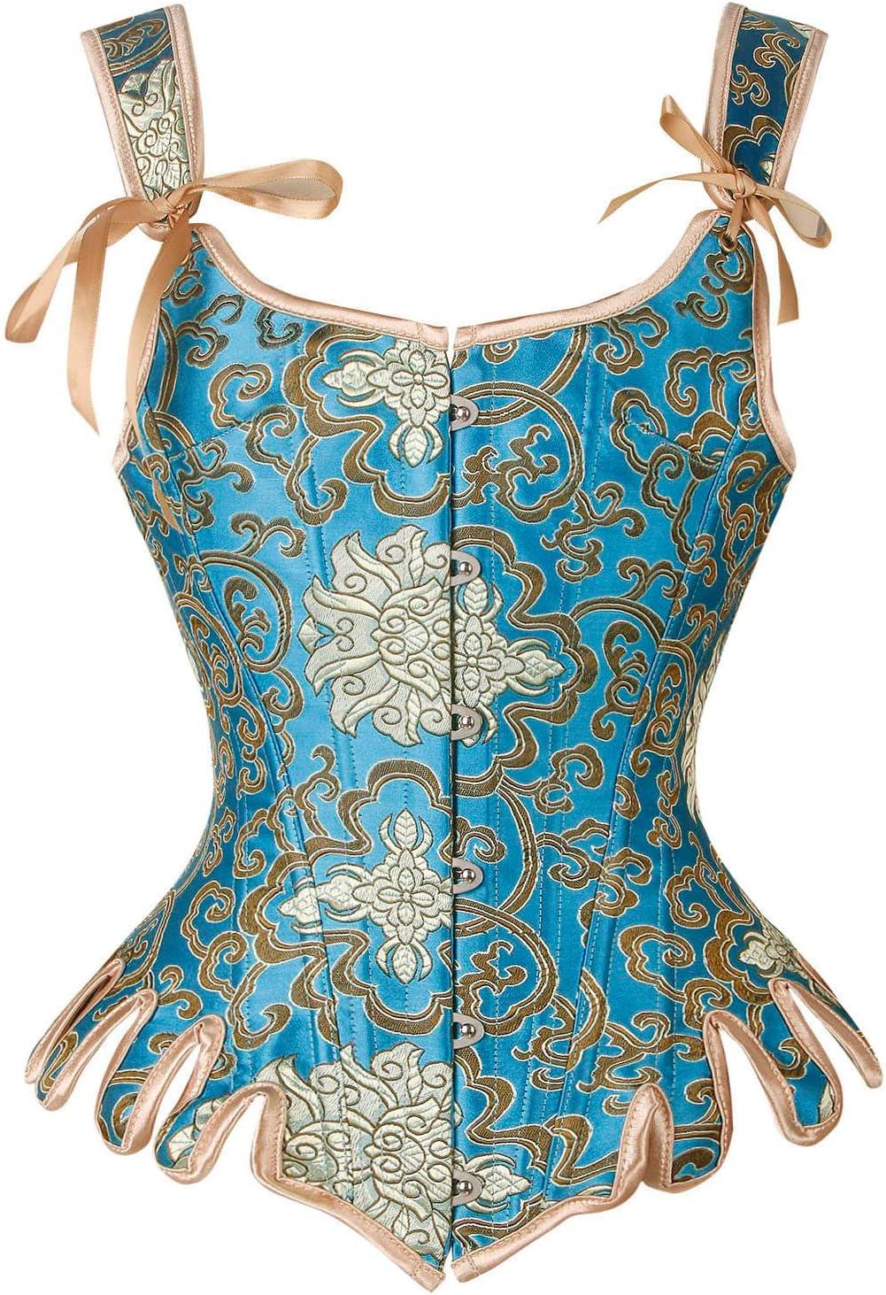image:imageCharmian Womens Victorian Vintage Brocade Lace Up Bustier Overbust Corset TopBlueGold