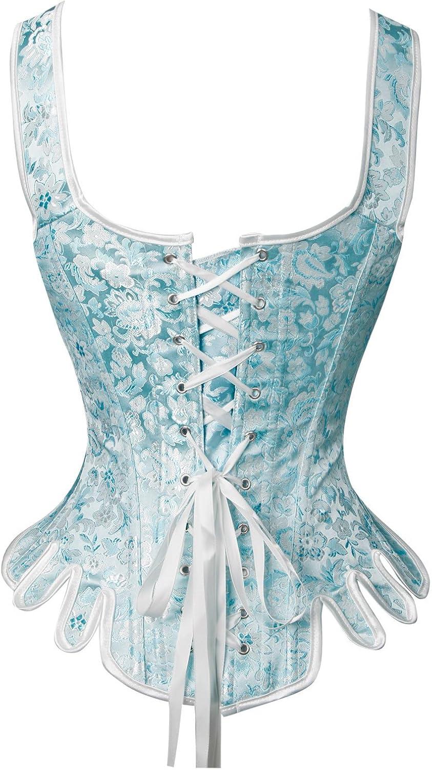 image:imageCharmian Womens Victorian Vintage Brocade Lace Up Bustier Overbust Corset TopBlueplastic Bones