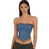 image:imageCharmian Womens Denim Tassel Strapless Bohemian Overbust Corset Tube TopBlue