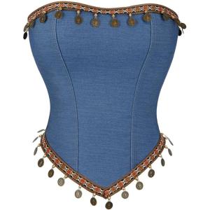 image:imageCharmian Womens Denim Tassel Strapless Bohemian Overbust Corset Tube TopBlue