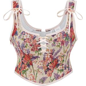 image:imageCharmian Womens Renaissance Floral LaceUp Bustier Corset Vest with ZipperBeige