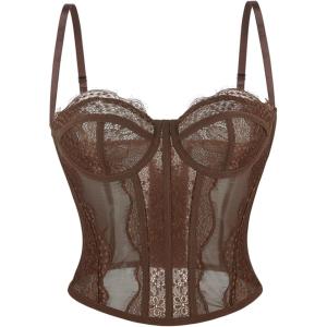 image:imageCharmian Womens Y2K Spaghetti Strap Lace Mesh Bustier Corset Going Out TopsBrown