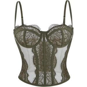 image:imageCharmian Womens Y2K Spaghetti Strap Lace Mesh Bustier Corset Going Out TopsOlive Green