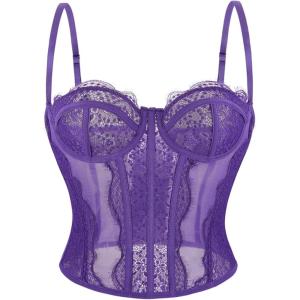 image:imageCharmian Womens Y2K Spaghetti Strap Lace Mesh Bustier Corset Going Out TopsPurple