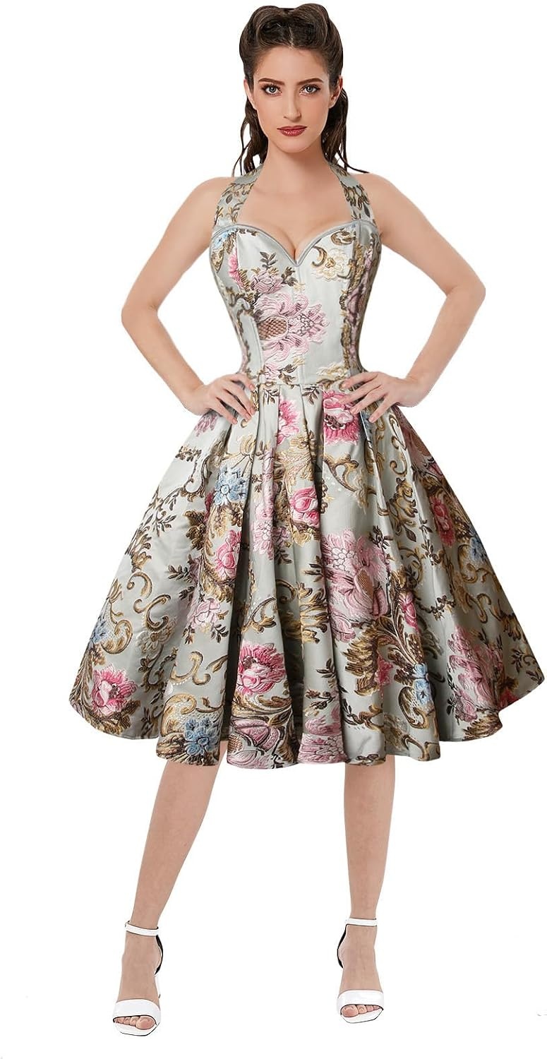 image:imageCharmian Womens 1950s Vintage Retro Sleeveless Swing Floral Halter Corset Dress