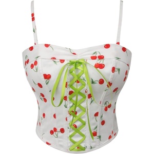 image:imageCharmian Womens Spaghetti Strap Boned Cherry Print Lace Up Corset Crop Top