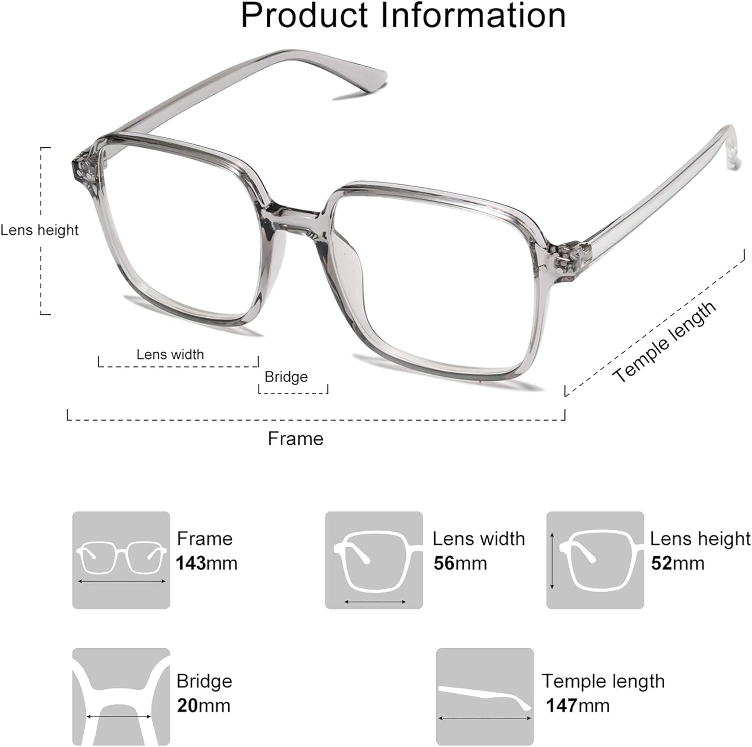 SOJOS Square Blue Light Blocking Glasses Oversized for Women TR90 Frame Filter SJ5081C3 Crystal Grey Frame