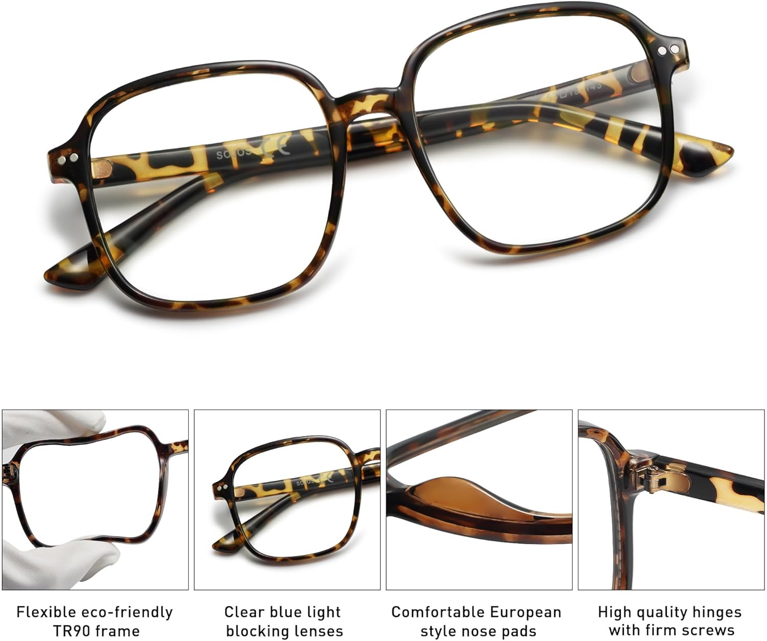 SOJOS Square Blue Light Blocking Glasses Oversized for Women TR90 Frame Filter SJ5081C5 Tortoise Frame