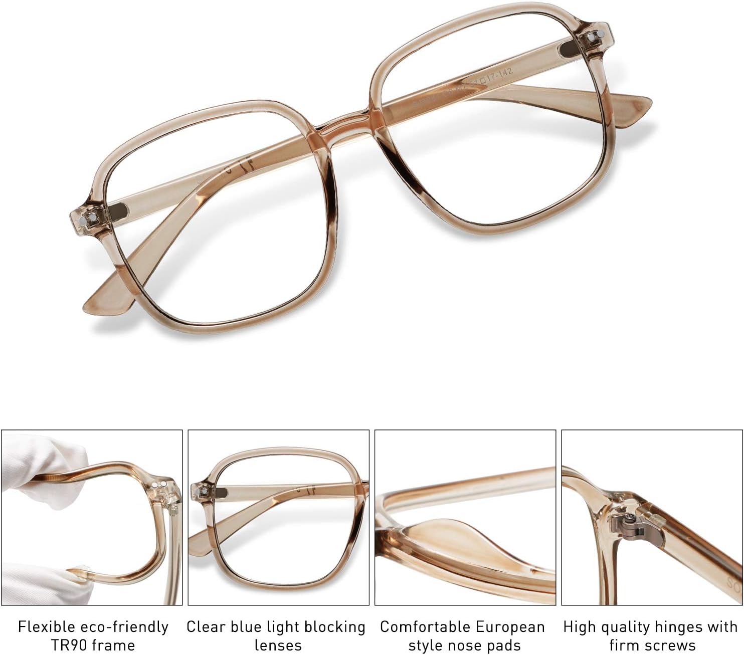 SOJOS Square Blue Light Blocking Glasses Oversized for Women TR90 Frame Filter SJ5081C6 Crystal Brown Frame