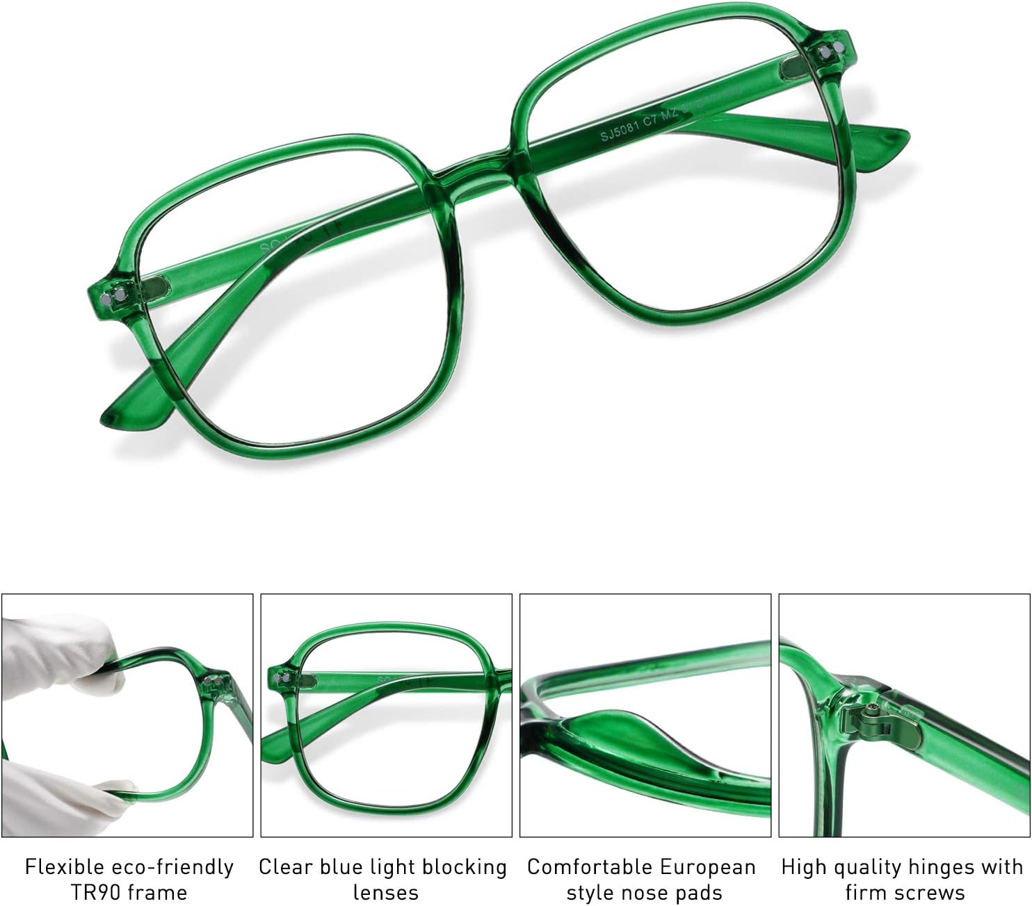 SOJOS Square Blue Light Blocking Glasses Oversized for Women TR90 Frame Filter SJ5081C7 Crystal Dark Green Frame