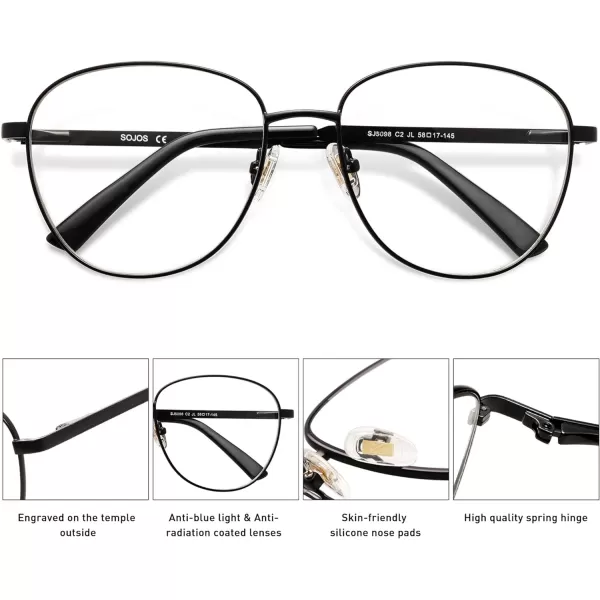 SOJOS Oversized Aviator Blue Light Blocking Glasses for Women Men Metal Frame Clear Lens Eyeglasses SJ5098Matte Black
