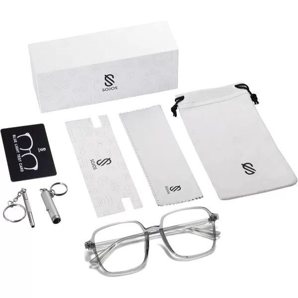 SOJOS Square Blue Light Blocking Glasses Oversized for Women TR90 Frame Filter SJ5081C3 Crystal Grey Frame
