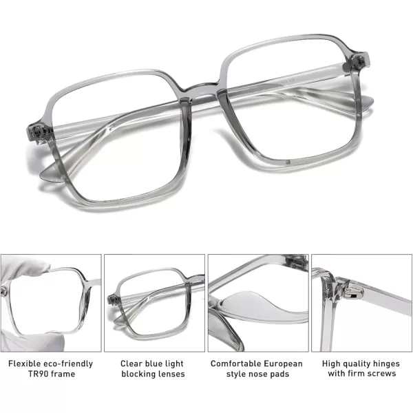 SOJOS Square Blue Light Blocking Glasses Oversized for Women TR90 Frame Filter SJ5081C3 Crystal Grey Frame