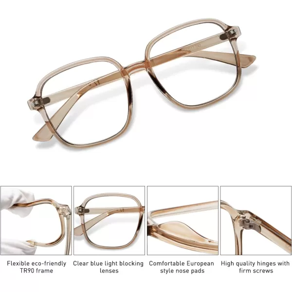 SOJOS Square Blue Light Blocking Glasses Oversized for Women TR90 Frame Filter SJ5081C6 Crystal Brown Frame