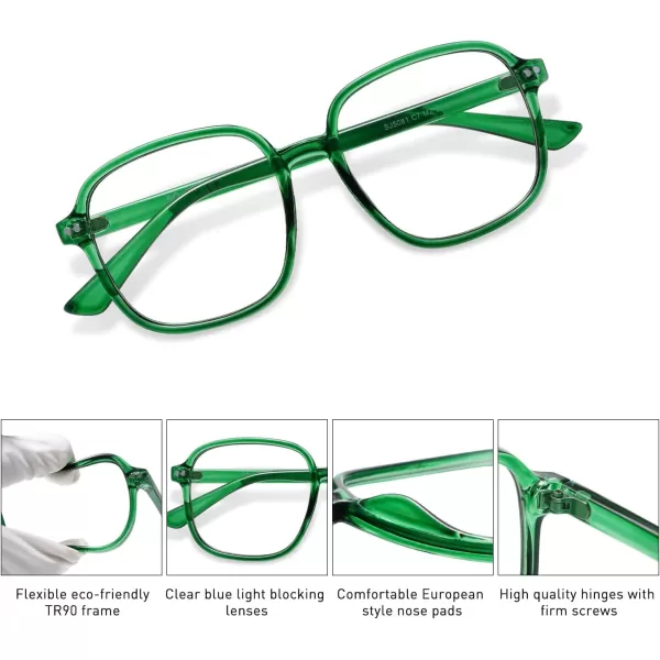 SOJOS Square Blue Light Blocking Glasses Oversized for Women TR90 Frame Filter SJ5081C7 Crystal Dark Green Frame
