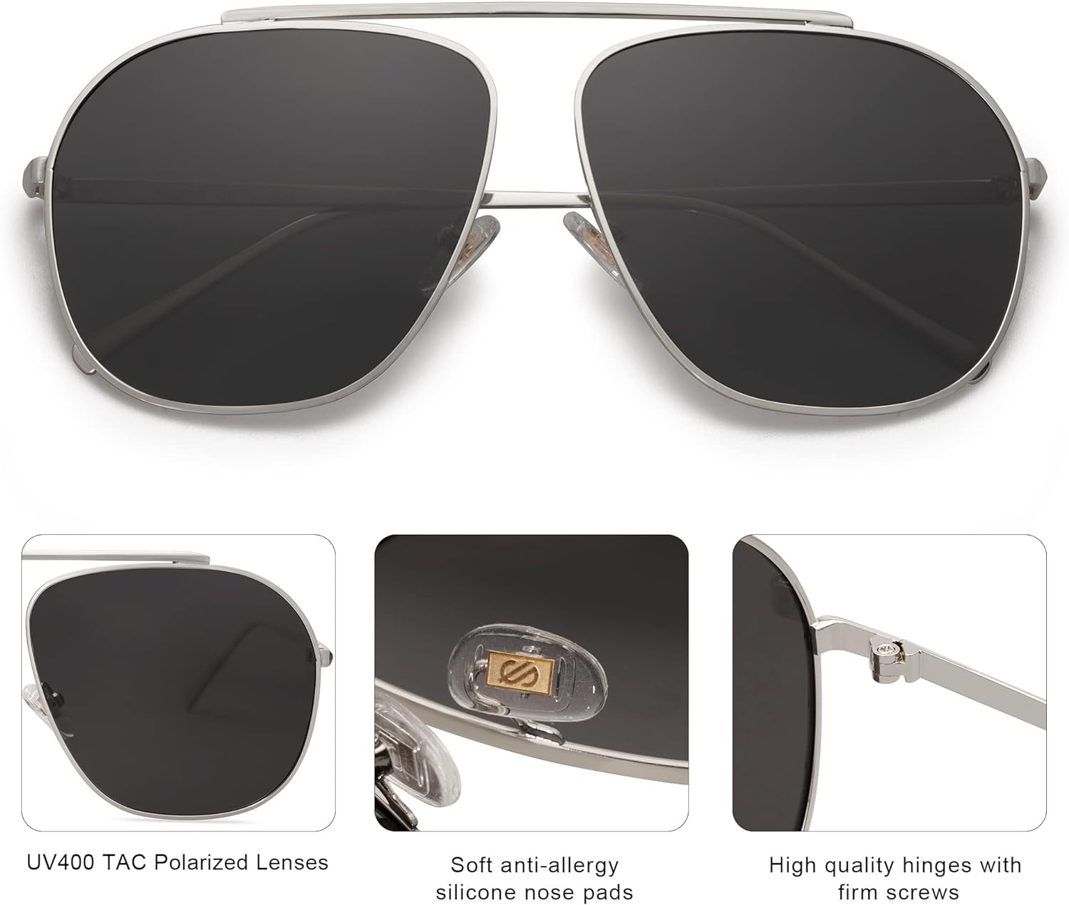SOJOS Retro Oversized Square Polarized Aviator Sunglasses Womens Mens Classic Vintage Metal Sunnies SJ1173SilverGrey