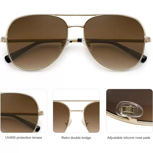 SOJOS Classic Aviator Sunglasses for Women Men Trendy Oversized Metal Frame UV400 Lenses SJ1220Gold FrameGold BarGradient Brown Lenses