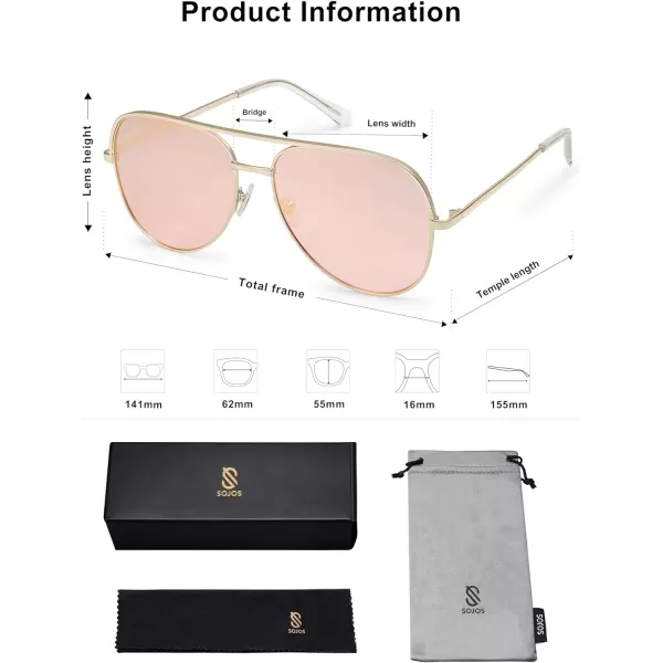 SOJOS Classic Aviator Sunglasses for Women Men Trendy Oversized Metal Frame UV400 Lenses SJ1220Gold FrameGold BarPink Mirrored