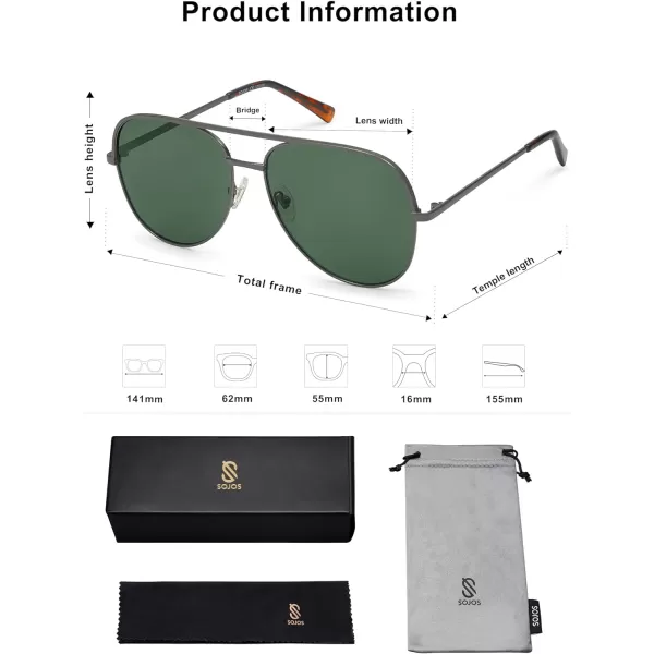 SOJOS Classic Aviator Sunglasses for Women Men Trendy Oversized Metal Frame UV400 Lenses SJ1220Gunmetal FrameGunmetal BarGreen Lenses