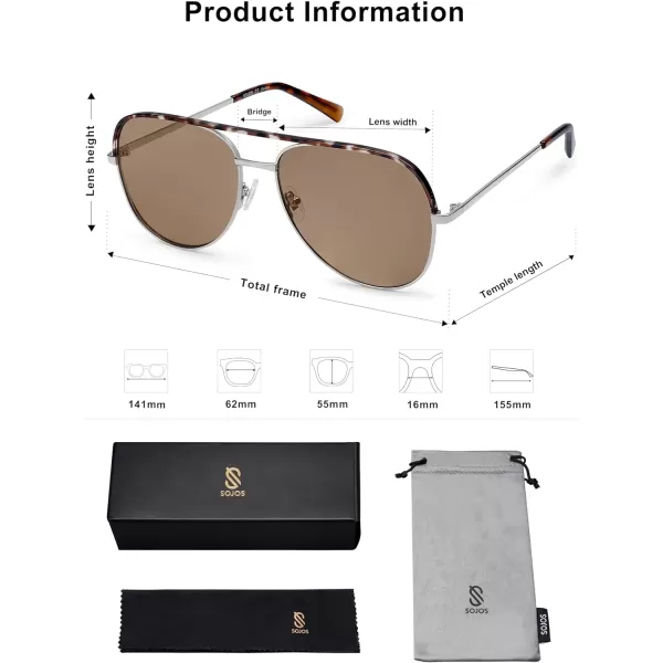 SOJOS Classic Aviator Sunglasses for Women Men Trendy Oversized Metal Frame UV400 Lenses SJ1220Silver FrameTortoise BarLight Brown Lenses