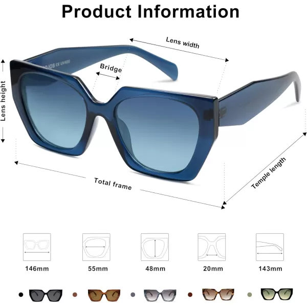 SOJOS Retro Cateye Polarized Oversized Sunglasses Womens Vintage Square Designer SunniesDark BlueBlue