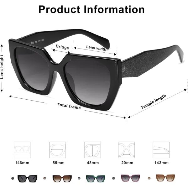SOJOS Retro Cateye Polarized Oversized Sunglasses Womens Vintage Square Designer SunniesSparkle Leg  BlackGradient Grey
