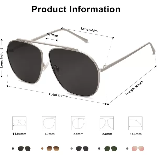 SOJOS Retro Oversized Square Polarized Aviator Sunglasses Womens Mens Classic Vintage Metal Sunnies SJ1173SilverGrey