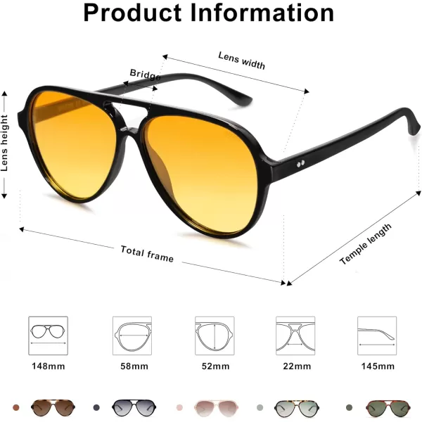 SOJOS Retro Polarized Aviator Sunglasses Womens Mens Classic Double Bridge Sun Glasses SJ2201Dark BlackYellow Tint
