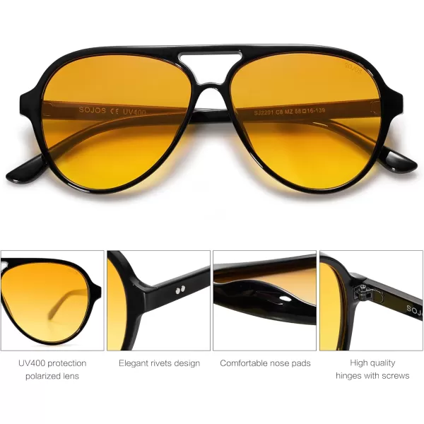 SOJOS Retro Polarized Aviator Sunglasses Womens Mens Classic Double Bridge Sun Glasses SJ2201Dark BlackYellow Tint