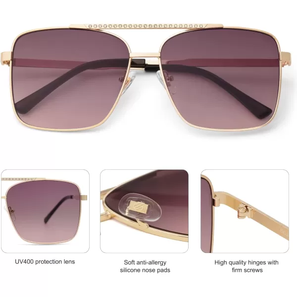 SOJOS Trendy Aviator Sunglasses Womens Oversized Retro Rhinestone Double Bridge Square Women Shades SJ1195Gold Purple
