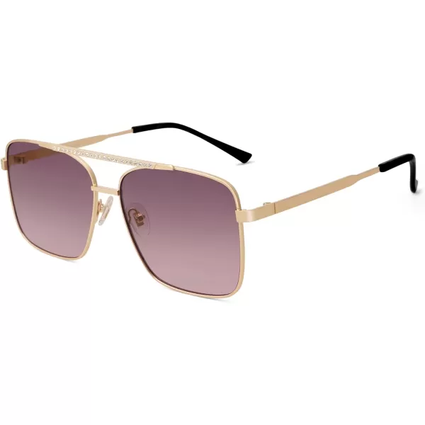 SOJOS Trendy Aviator Sunglasses Womens Oversized Retro Rhinestone Double Bridge Square Women Shades SJ1195Gold Purple