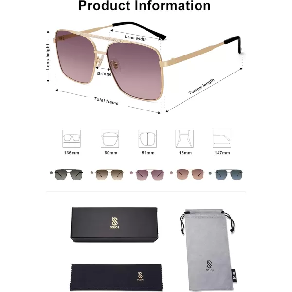 SOJOS Trendy Aviator Sunglasses Womens Oversized Retro Rhinestone Double Bridge Square Women Shades SJ1195Gold Purple