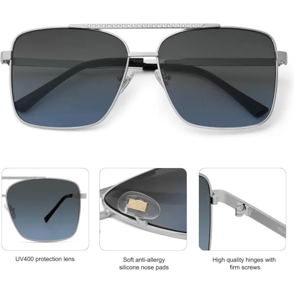 SOJOS Trendy Aviator Sunglasses Womens Oversized Retro Rhinestone Double Bridge Square Women Shades SJ1195SilverBlue Grading
