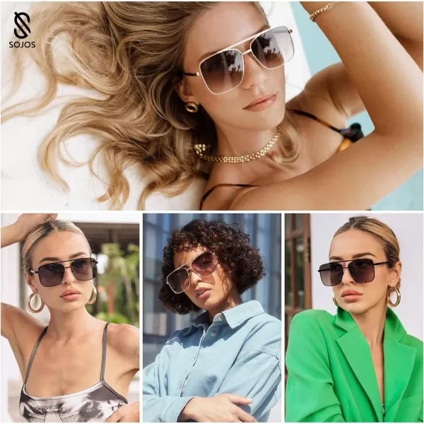 SOJOS Trendy Aviator Sunglasses Womens Oversized Retro Rhinestone Double Bridge Square Women Shades SJ1195SilverBlue Grading