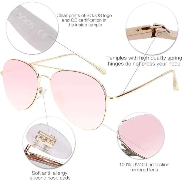 SOJOS Trendy Aviator Sunglasses for Women and MenGold Frame Pink Mirrored Lens